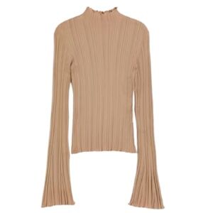 H&M RIB-KNIT MOCK TURTLENECK TOP DARK BEIGE S NWT